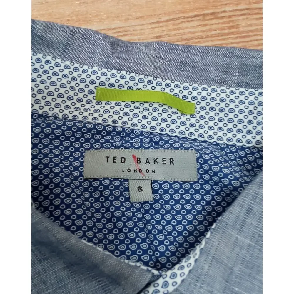 Ted Baker Men's Button Down Shirt Roll Tab Sleeves Linen Blue Size 6